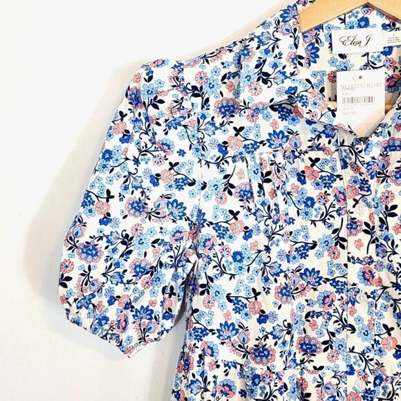 NWT Eliza J Floral Button Front Tiered Puff Sleeve 100% Cotton Shirt Dress SZ 0 - Picture 4 of 10
